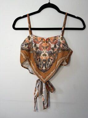 SHEIN Paisley Satin Tie-Front Camisole in Camel and Cream